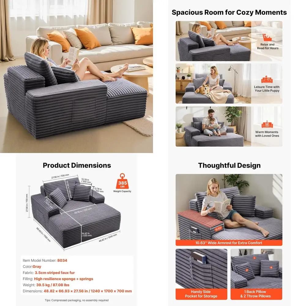 Poltrona Chaise Longue Extra Large 48, Sedia da Lettura Imbottita per Interni con Cuscini e Braccioli, Ideale per Soggiorno o Camera da Letto