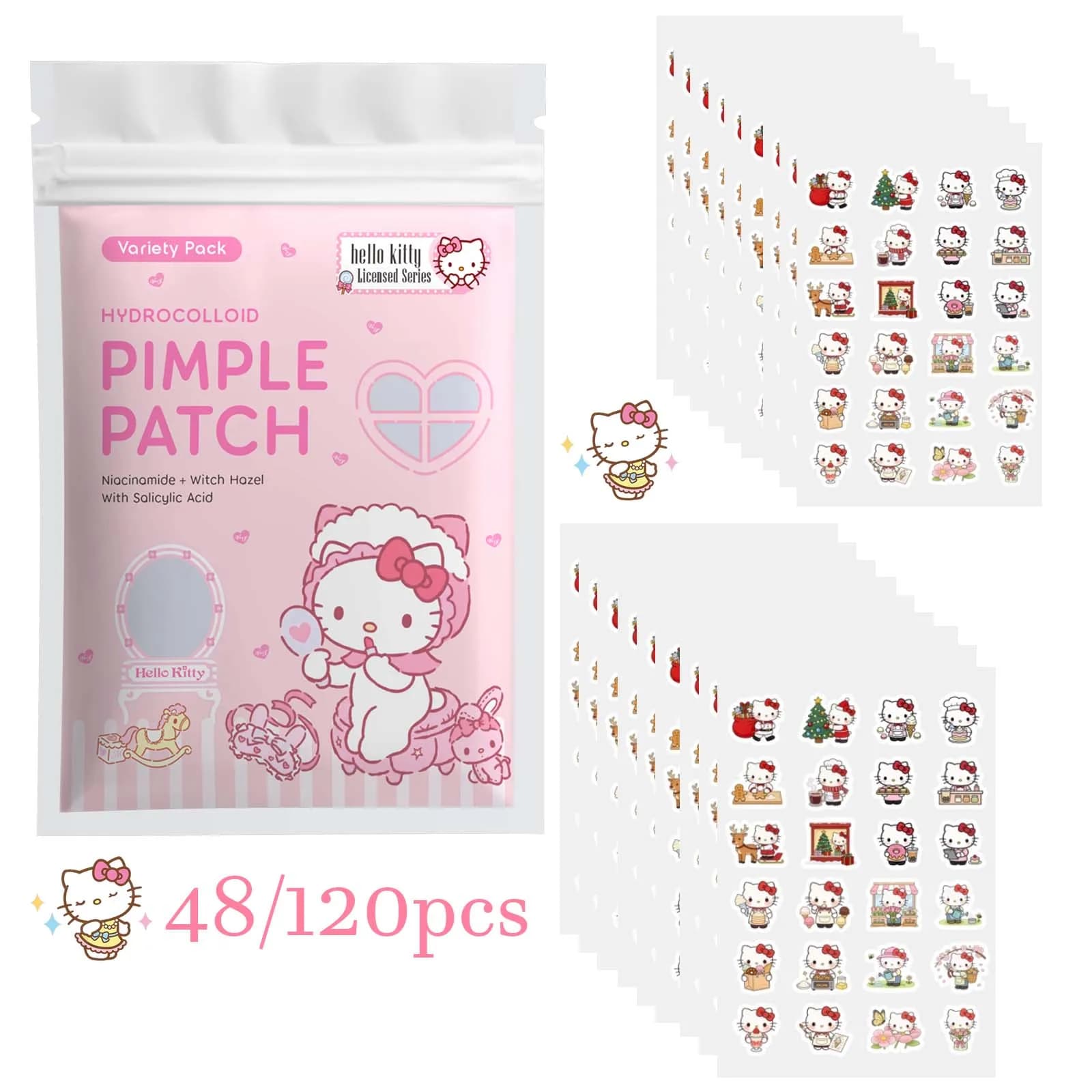 48/120PCS Cute Hello Kitty Spot Patches, Invisible Hydrogel Pimple Cover Set