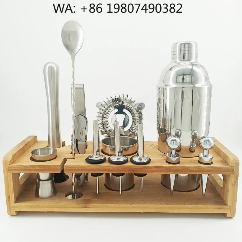 Complete Barware Collection, 14Pcs Stainless Steel 750ml Cocktail Shaker Bartender Tools With Detachable Bamboo Stand