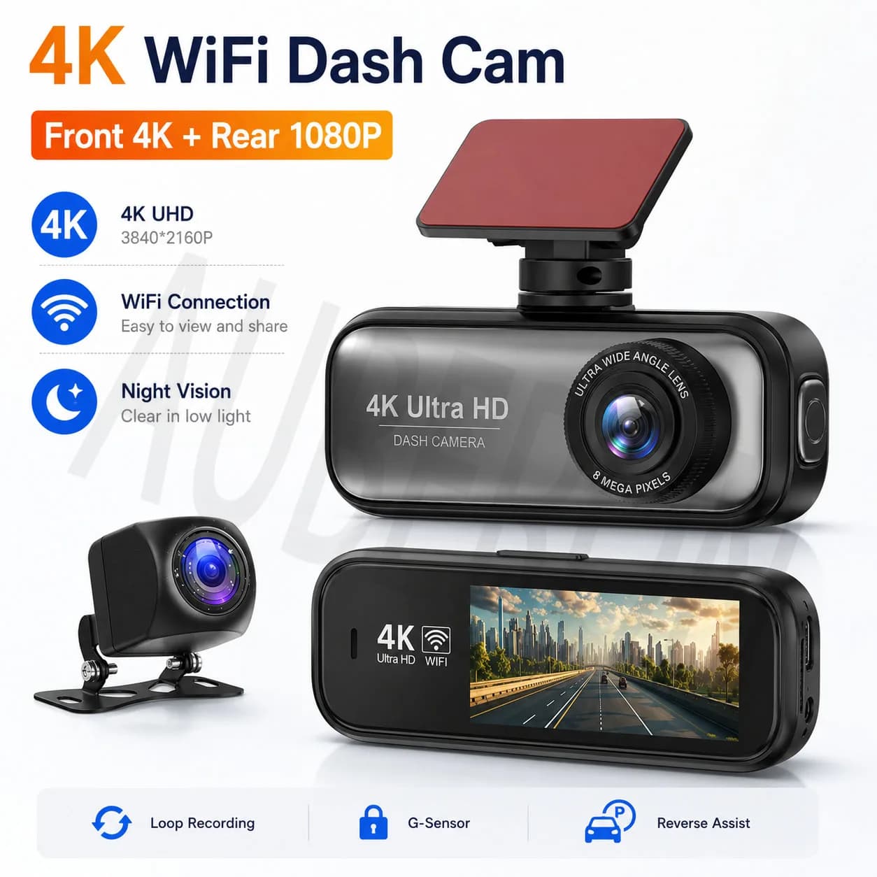 4K Ultra HD+1080P Dual Lens Dash Cam WiFi APP Control Mini Car DVR Night Vision Car Video Recorder G-sensor Loop Recording
