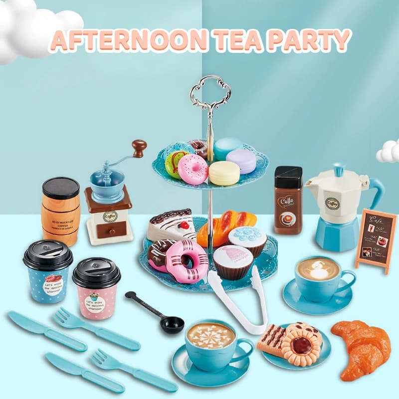 Pretend Tea Party Set for kids, 38 PIECE Coffee Maker Set and Play Food Dessert Toy
