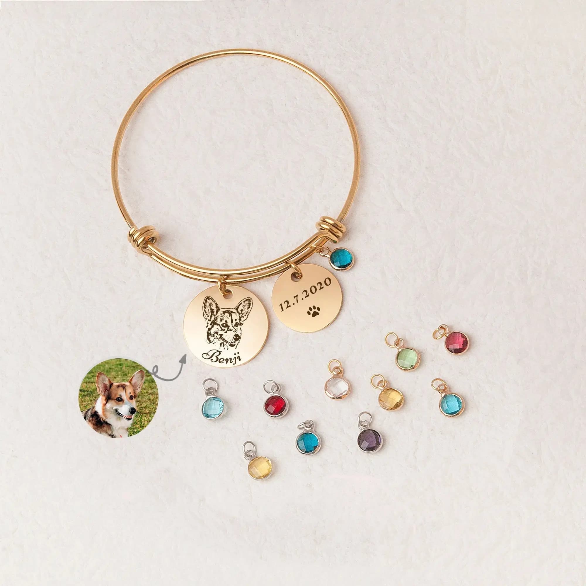 Bracelet for dogs with charm stone custom bracelet with pet portrait Gift for pets Bracelet with dog photo Custom jewelry