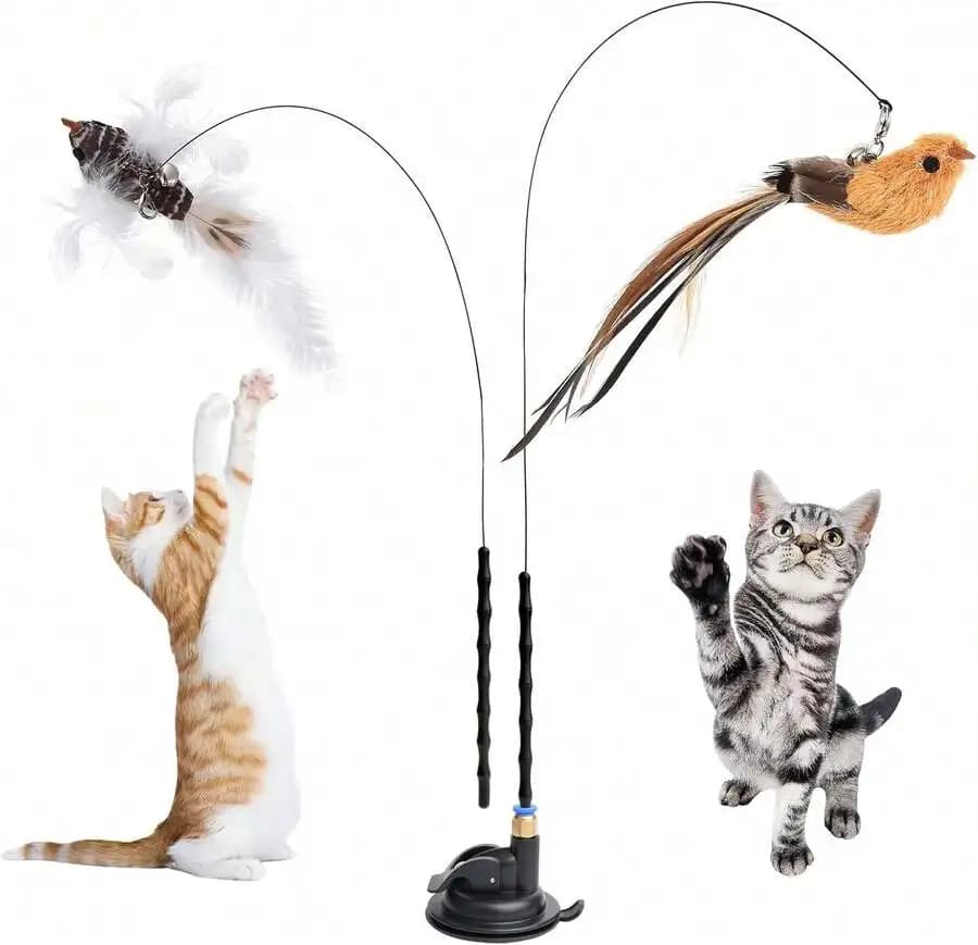 5pcs Interactive Cat Feather Toys With Suction Base Bird Simulation Fishing Pole Kit