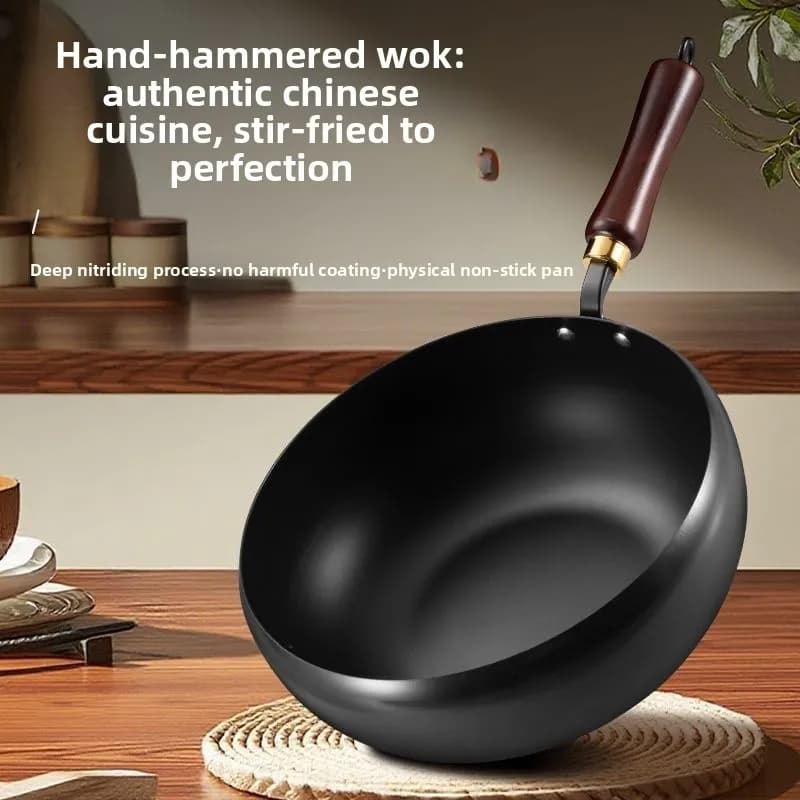 Wok in Ferro Forgiato Artigianale Tradizionale di Grande Diametro con Rivestimento - Autentico Wok Antiaderente per Stir-fry