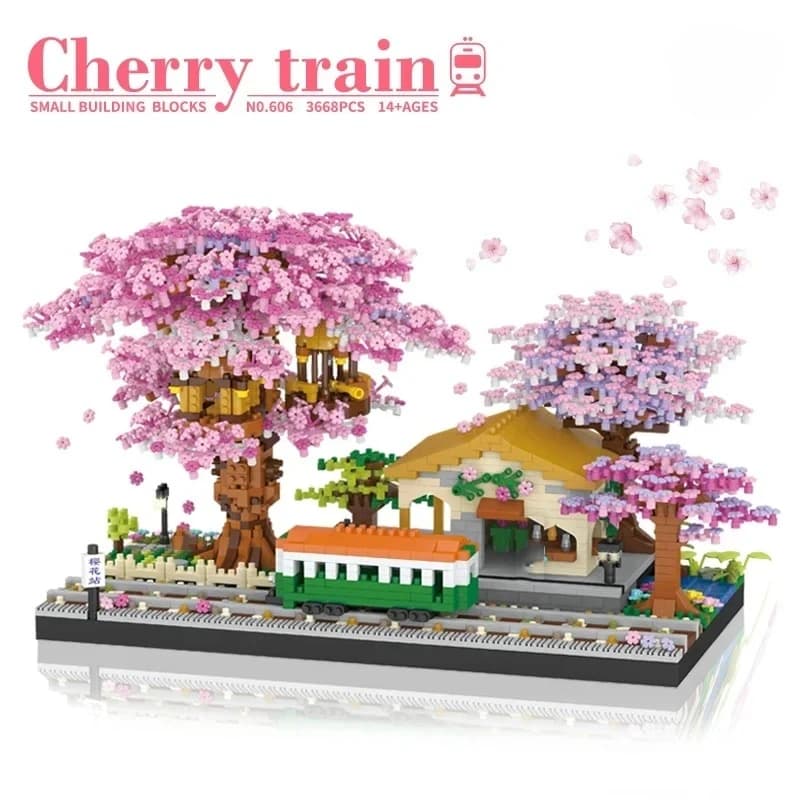 3668 Pezzi Sakura House Tree Trains Station Building Blocks Fiori Vivaci Scena Urbana Mattoncini da Assemblare Collezione Giocattoli per Adulti