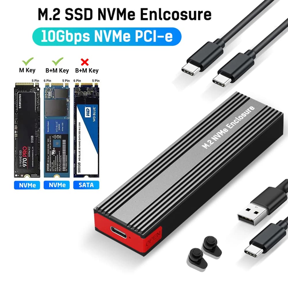 Custodia SSD M2 NVMe Custodia SSD PCIe da 10 Gbps Scatola portatile USB C 3.2 Gen2 Adattatore esterno gratuito con dissipatore di calore per SSD M.2