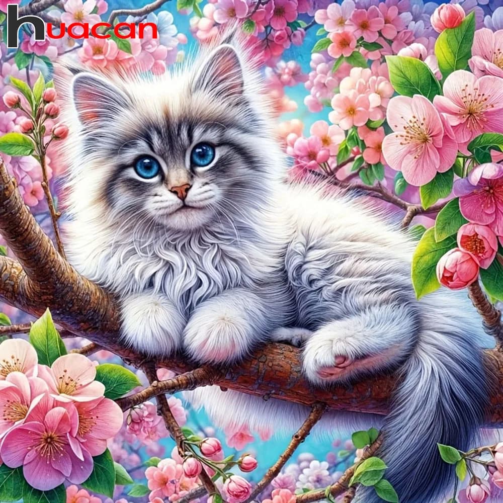 Huacan Diamond Painting Cat Plum Blossom Diamond Mosaic Animal Flower Complete Kit Decorative Paintings