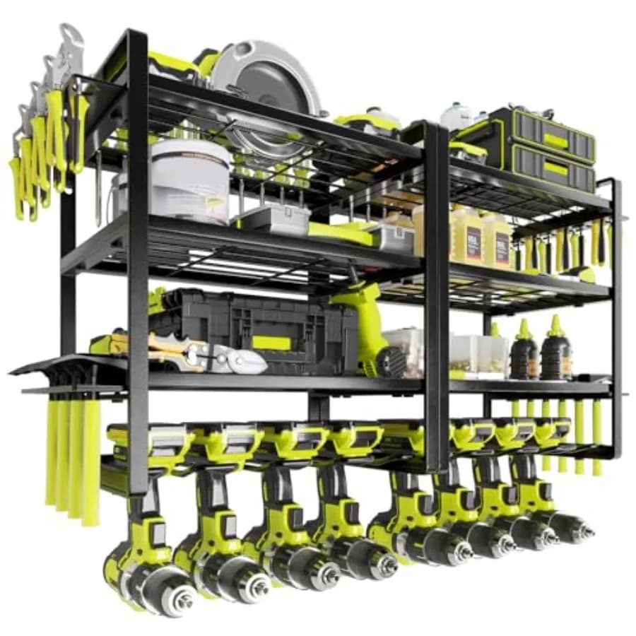 Organizzatore per Utensili Elettrici da Parete, Porta Trapani a 4 Livelli per Utensili Senza Fili, Set da 2 Pezzi, Scaffale per Garage con Ganci Laterali per Martelli