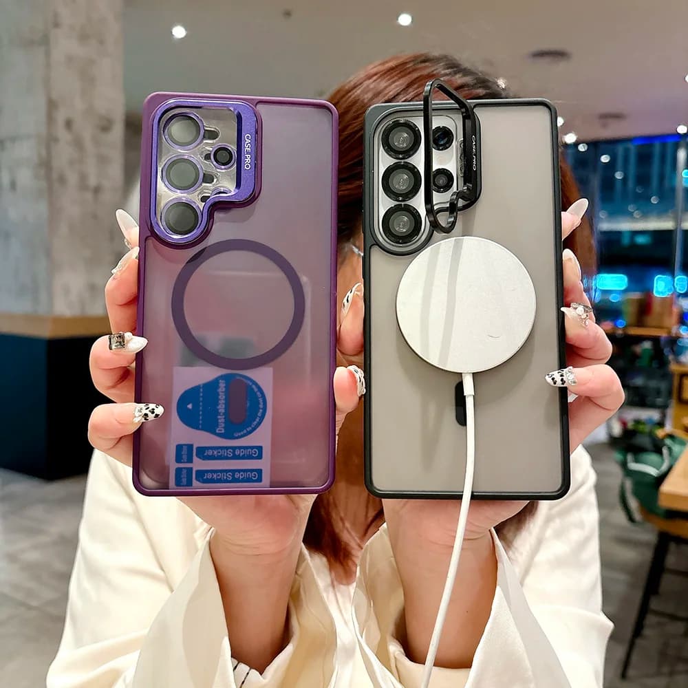 Magnetic Lens Kickstand Phone Case for Samsung Galaxy S26 S25 S24 Ultra Plus Matte Frosted Stand Protect Cover(Gift lens film)