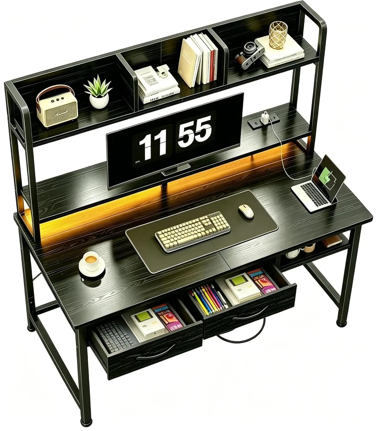 39.4" Computer Desk with Hutch & Monitor Stand,Gaming Desk with Shelves & Drawers, Writing Desk with LED &Power, Customized