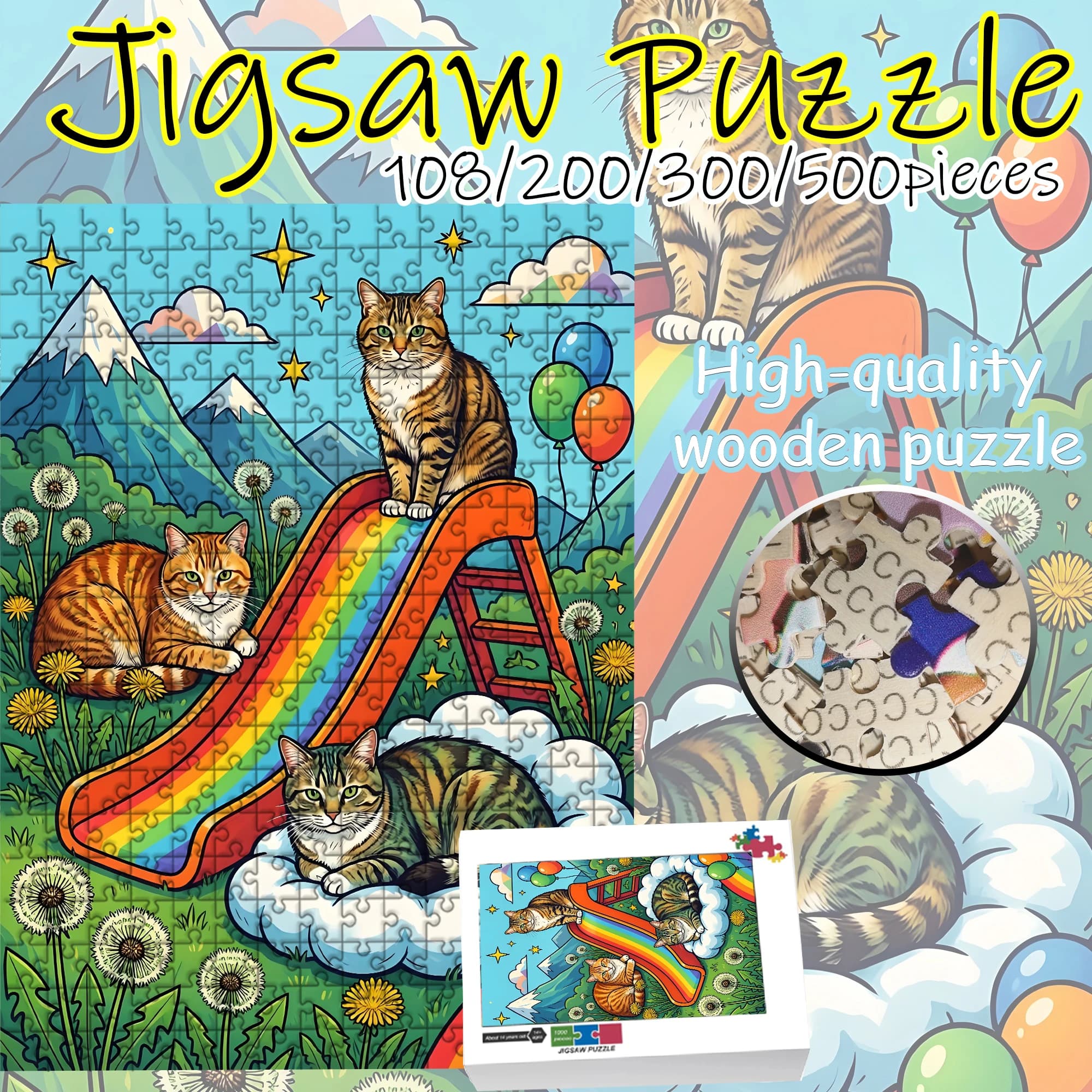 Puzzle creativo a tema cartone animato: Il gatto sullo scivolo, 108/200/300/500 pezzi, puzzle in legno di alta qualità, regalo divertente, gioco per feste