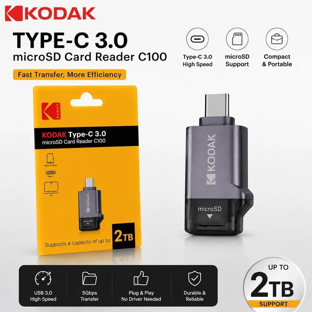 Lettore di schede TF Kodak Type-C ad alta velocità fino a 2TB, adattatore per schede di memoria per telefono/PC