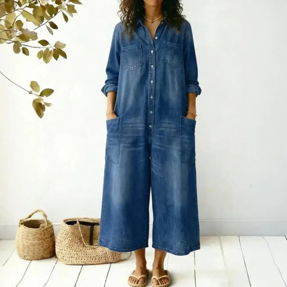 Tuta in denim oversize da donna, a maniche lunghe, con bottoni frontali, monopezzo, a gamba larga, con tasche