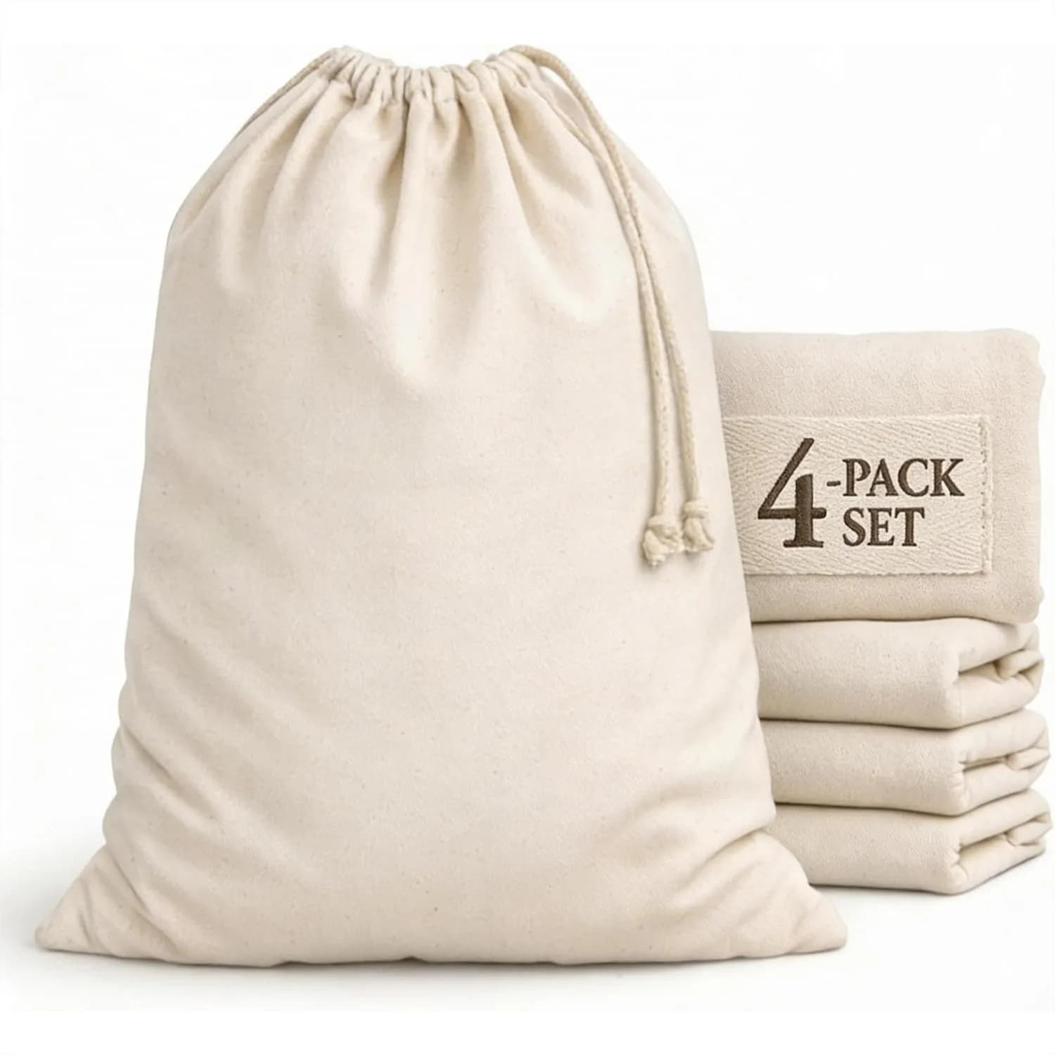 Sacchi per Bucato in Tela di Cotone Extra-Large, Confezione da 4, 71x91 cm, Sacchi Lavabili Resistenti con Coulisse per Viaggi, Capi Delicati e Conservazione