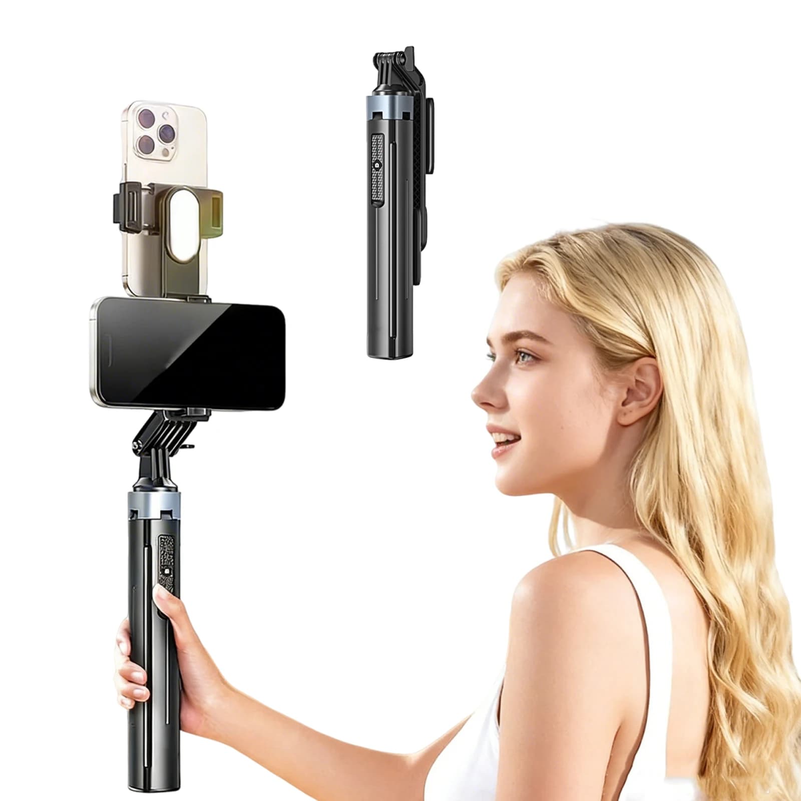 Bastone Selfie Estensibile con Teleprompter Integrato, Supporto Girevole a 360° per Vlog, Registrazione Video e Live Streaming