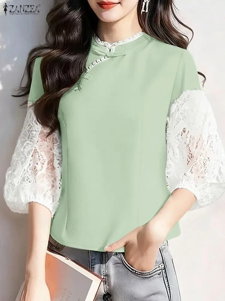 Camicetta scavata elegante da donna ZANZEA 2026 Camicia patchwork in pizzo primaverile Estate Manica 3/4 Top da lavoro Bottoni Blusas Stile cinese