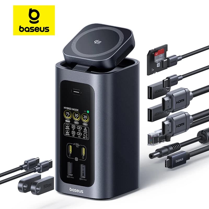 Baseus Docking Station 15-in-1 160W USB C HUB con Ricarica Wireless Qi2.2 25W, 2 HDMI 4K@120Hz 60Hz, include Adattatore GaN da 180W