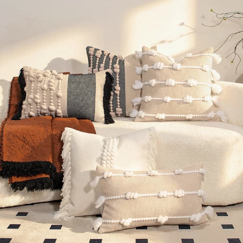 Aesthetic Woven Cushion Cover with Knotted Tassels Soft Textured Blend Throw Pillow Case Boho Geometric Patchwork Pillow Cover