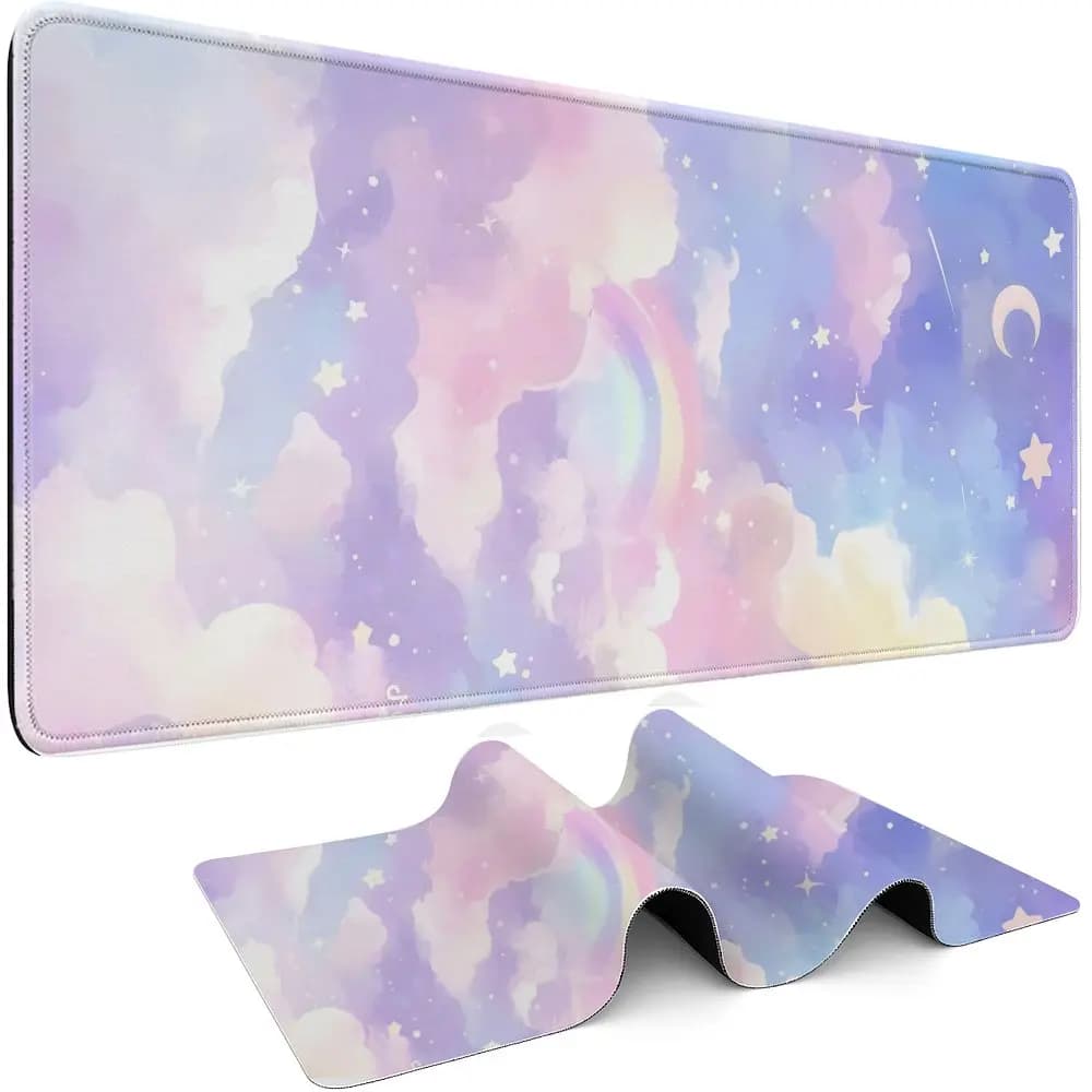 Tappetino per mouse da gioco esteso Pastel Rainbow Cloud Stars, tappetino da scrivania in gomma per PC portatile