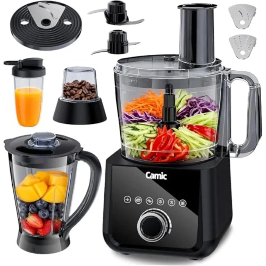 Home food processor and blender: 600W, stainless steel blades, black, 6 preset functions for blending, grinding, shredding, sli