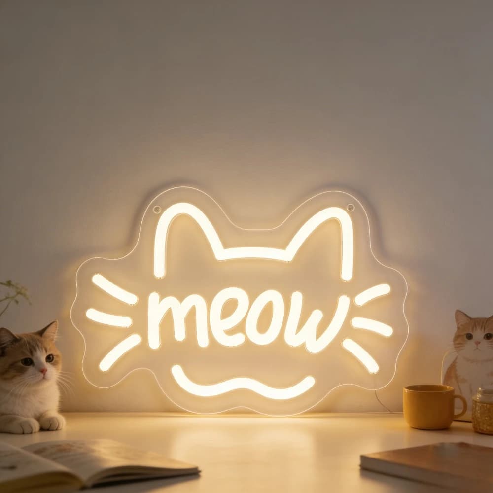 Insegna Luminosa a LED a Forma di Gatto con Suono 'Miau', USB Dimmerabile, Decorazione da Parete per Amanti degli Animali, Camera da Letto, Negozio di Animali, Arredo Casa Divertente e Carino