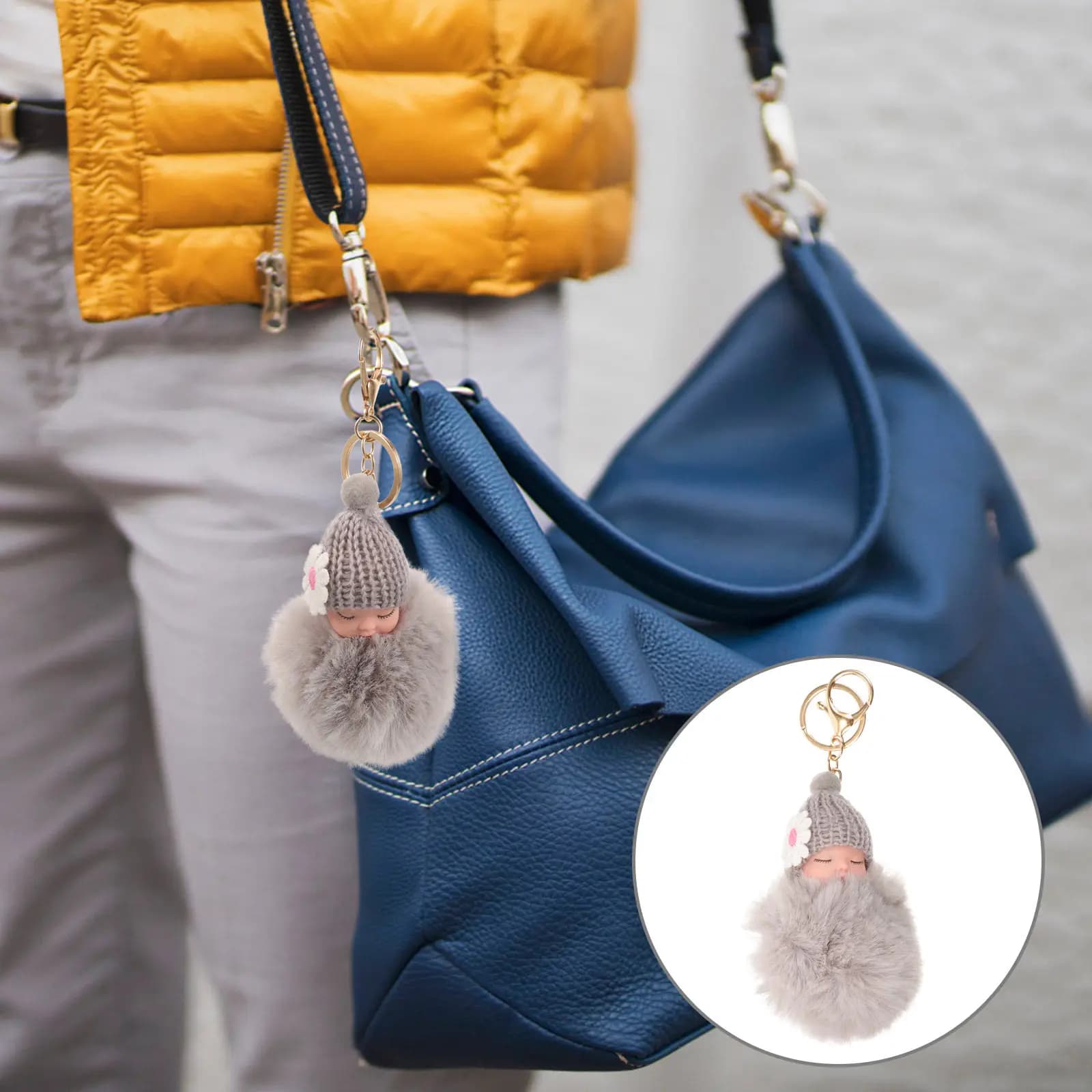 Keyring with Pendant in the shape of a Sleeping Child and Pompon, Light Grey, for Car, Bag, Organizer, Gift Cute for Women and Ladies