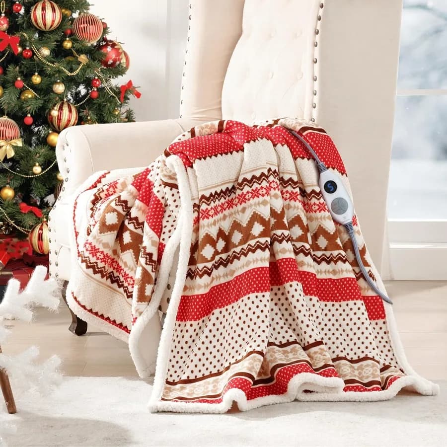 Coperta natalizia riscaldata in flanella super morbida per Sherpa elettrica con 6 livelli di riscaldamento e 2-10 ore di spegnimento automatico veloce H
