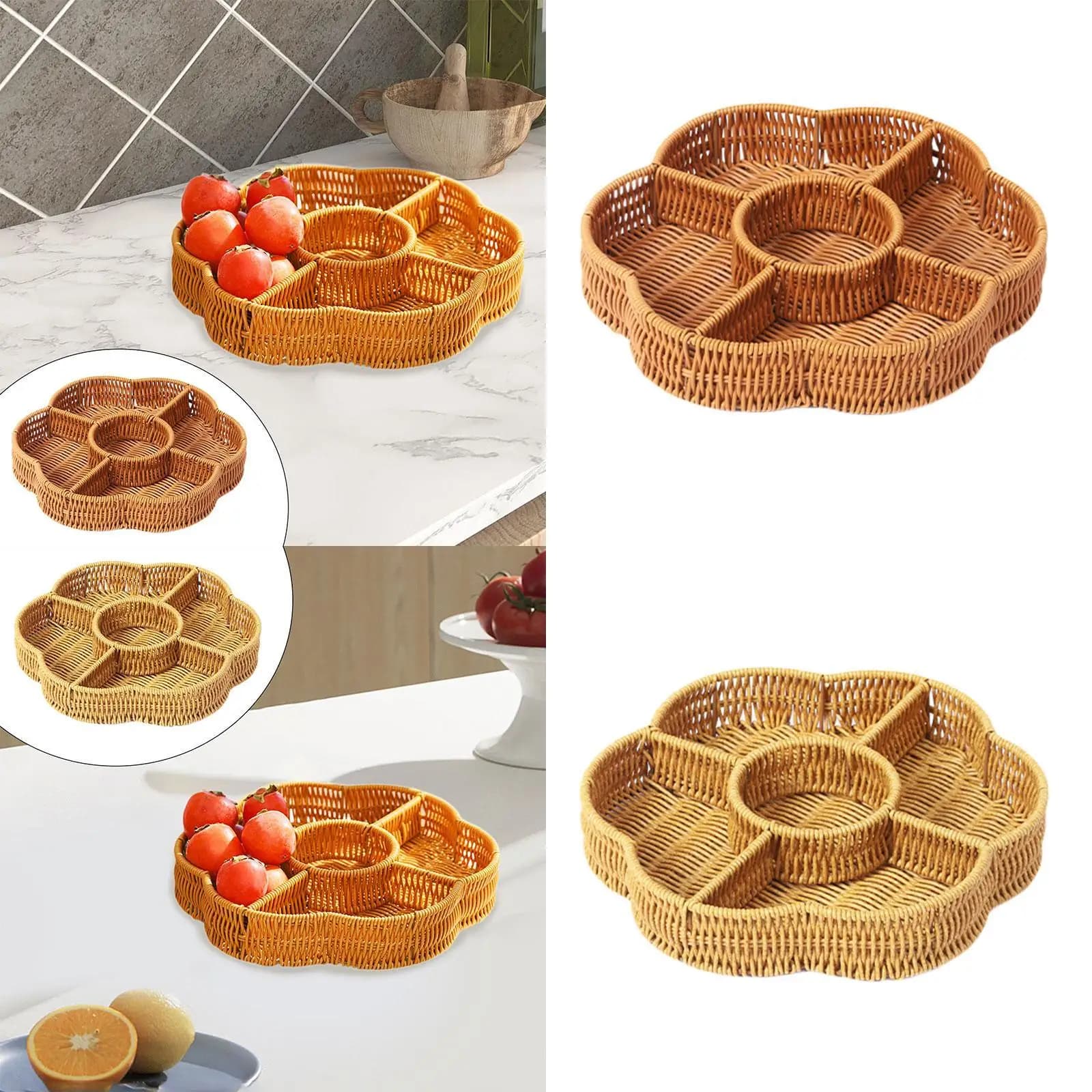 Piatto rotondo per frutta secca 5 griglie Piatto multifunzione per caramelle e noci Cestino intrecciato a mano Snack Piatti da portata per desktop Frutta domestica