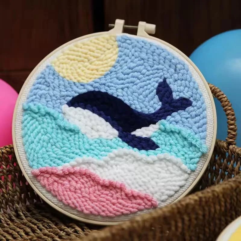 DIY Punch Needle Kits for Beginners Dolphin animals with Hoop Embroidery Punch Needle Starter Craft Set Easy for Adults
