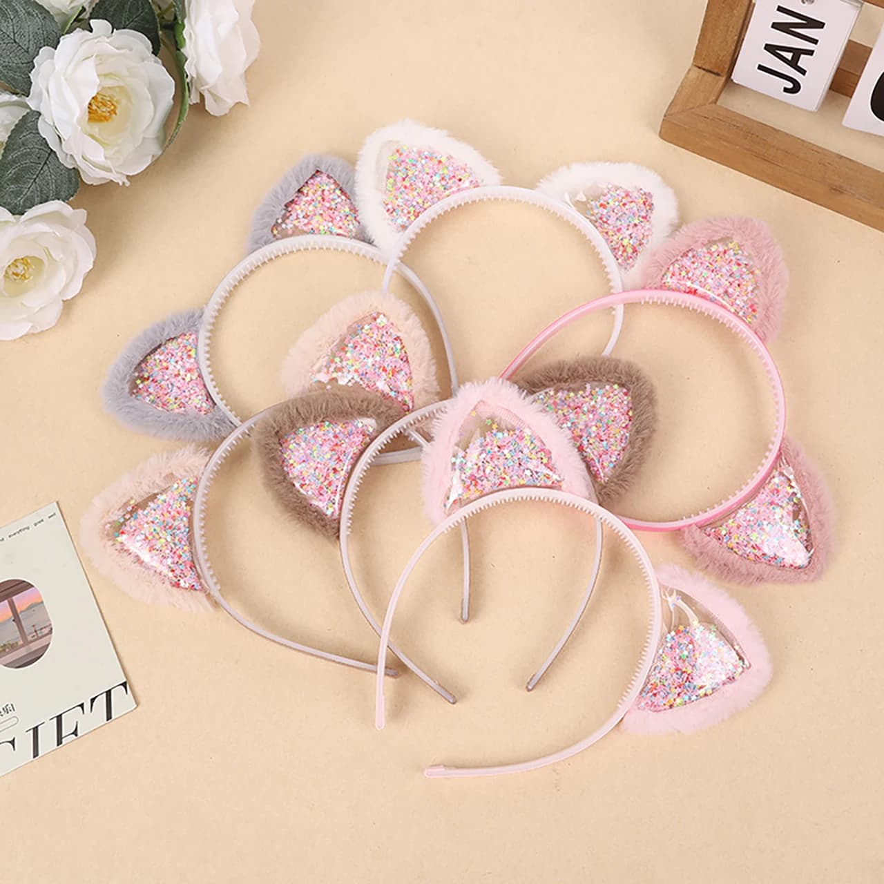 Shiny Sequins Cartoon Cute Headbands Cat Ears Plush Cosplay Festival Party Headwear Girls Toddler Photos Props Hair Accessories