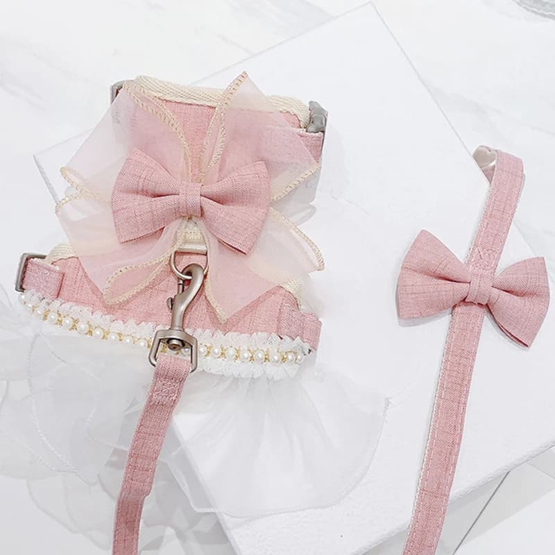 Pettorina per cani e gatti Set guinzaglio regolabile in pizzo Bowknot Pettorine per animali domestici Simpatico cucciolo di cane Abito da principessa Gonna Piombo da passeggio Chihuahua York
