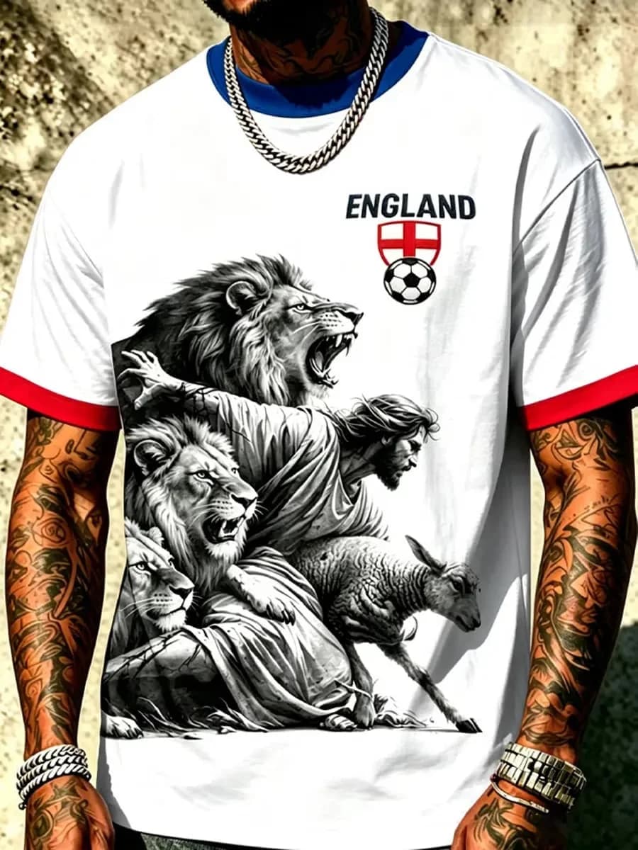 Vintage Sketch Lion Lamb Jesus Print Men England Football T Shirt Two Tone Ringer Collar Short Sleeve Casual Tops