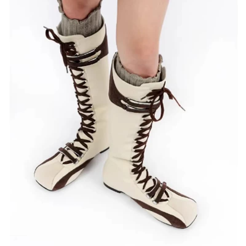 Stivali Alti al Ginocchio con Punta Quadrata e Lacci, Cerniera Posteriore, Stivali Atletici Invernali 2026 con Lacci Frontali, Scarpe per Cosplay, Calzature alla Moda