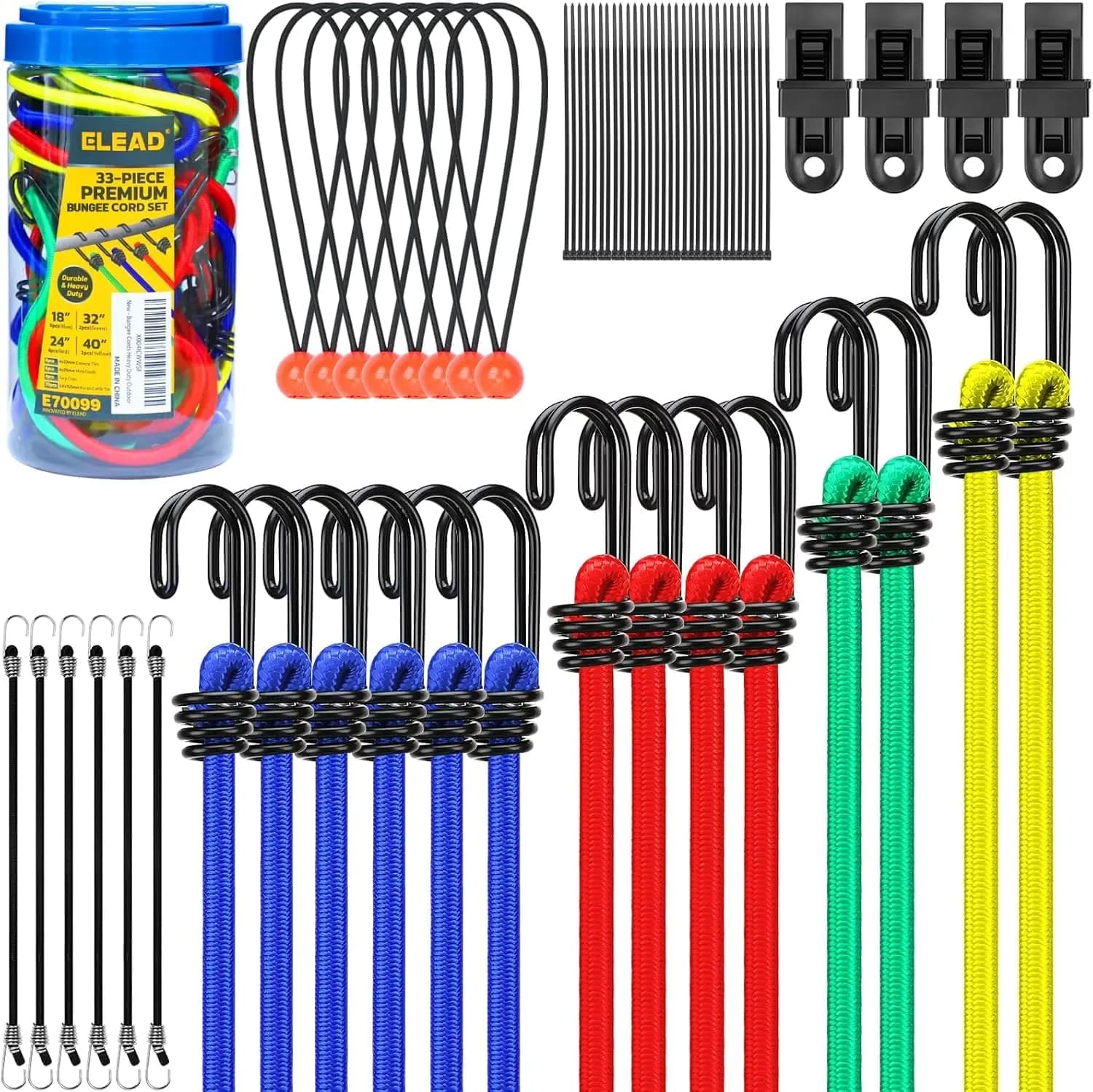 Set di 33 Corde Elastiche con Ganci, Clip per Teloni e Fascette - da 10 a 40 Pollici
