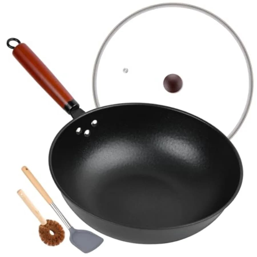 Wok antiaderente da 13 pollici - Padella wok con coperchio in vetro, wok e padelle per stir-fry in acciaio al carbonio: wok cinesi a fondo piatto per induzione elettrica