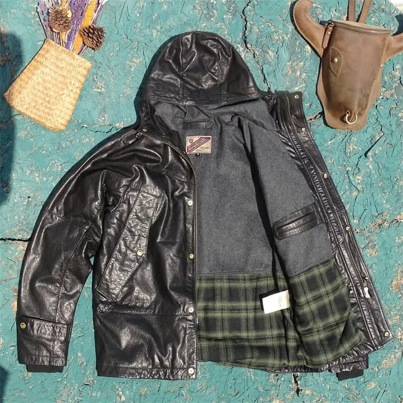 Giacca invernale in pelle nera con cappuccio da uomo stile Safari Plus Size 4XL Cappotto con colletto rovesciato in vera pelle di vacchetta spessa naturale