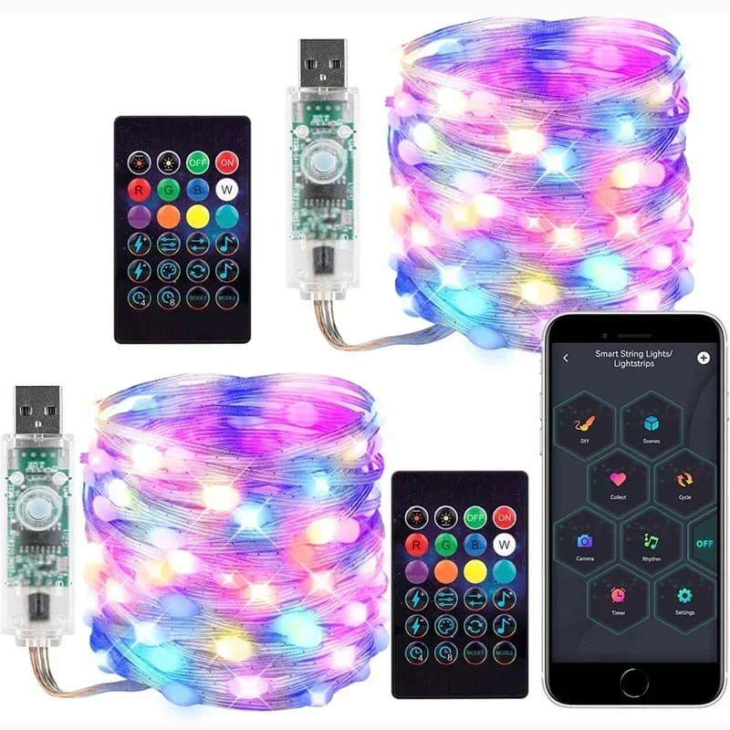 Stringa di lucine a LED Stringa di luci a filo a LED APP Bluetooth Telecomando Filo in PVC Colore da sogno Luce Decorazioni per matrimoni per feste in giardino