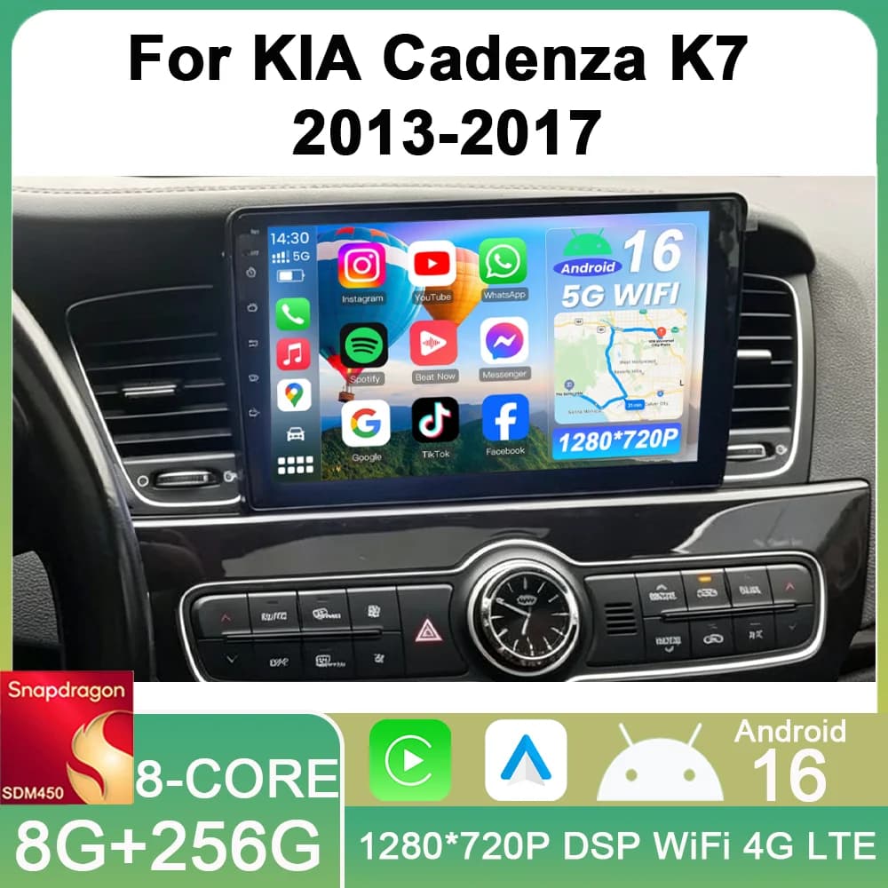 9" Android 16 Car Radio for KIA Cadenza K7 2013 - 2017 Multimedia Stereo WiFi Video 2DIN CarPlay Qualcomm 8 Core DSP Stereo IPS