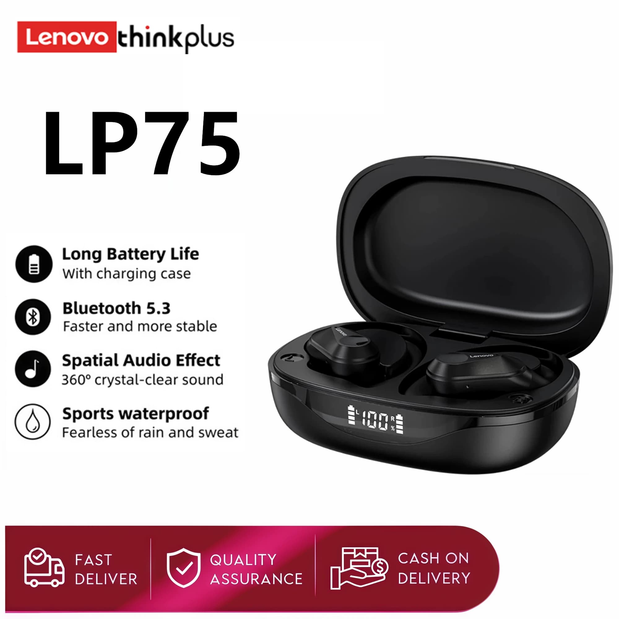 Lenovo LP75 Bluetooth 5.3 TWS Headphones Sports Wireless Earphones with Mics,Button Control, LED Power Display,Hifi Stereo Sound
