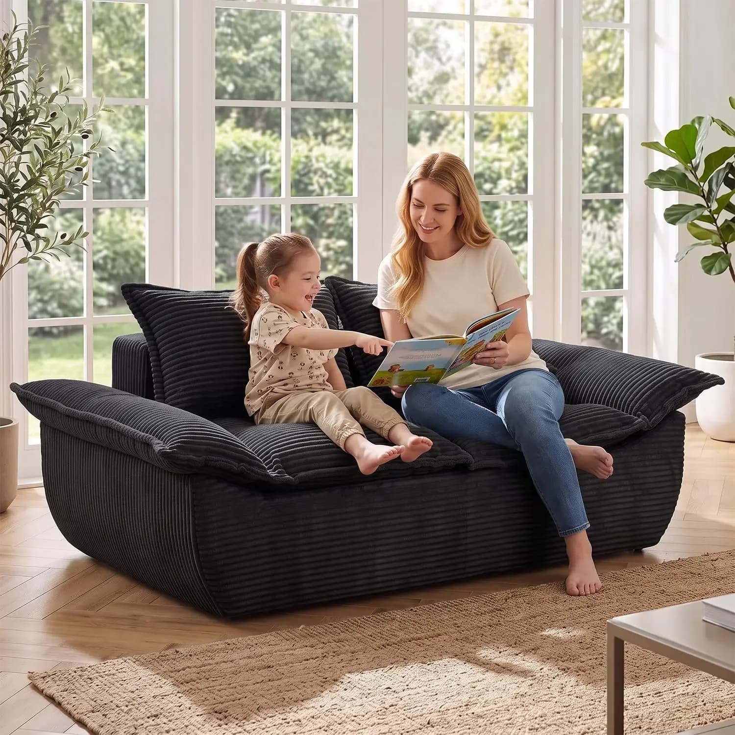 56" Boneless Loveseat Sofa, 2-Seater Black Boneless Sofa with Removable Cushions & 2 Pillows, Small Couch Boneless Compress Foam