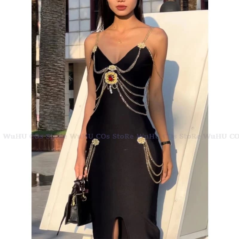 2024 nuovo vestito da sera nero Sexy vestito senza maniche Halter da donna Halter gonna Sexy nera incontri vestito cintura a catena