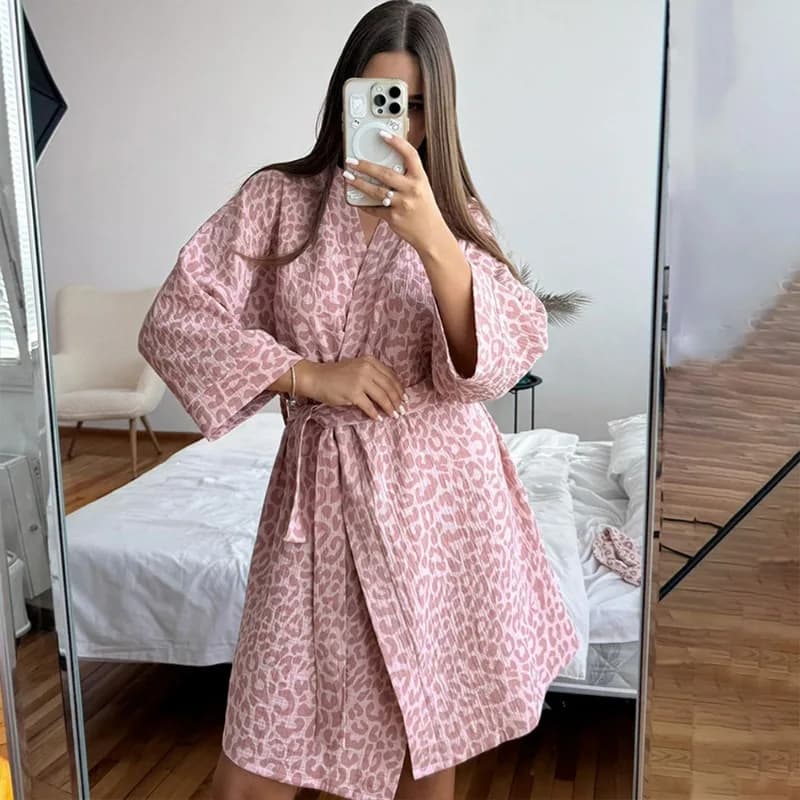 Women's Pink Leopardy Bathrobe Breathable Casual Pjamas with Long Sleeved V-neck Cardigan Loungewear
