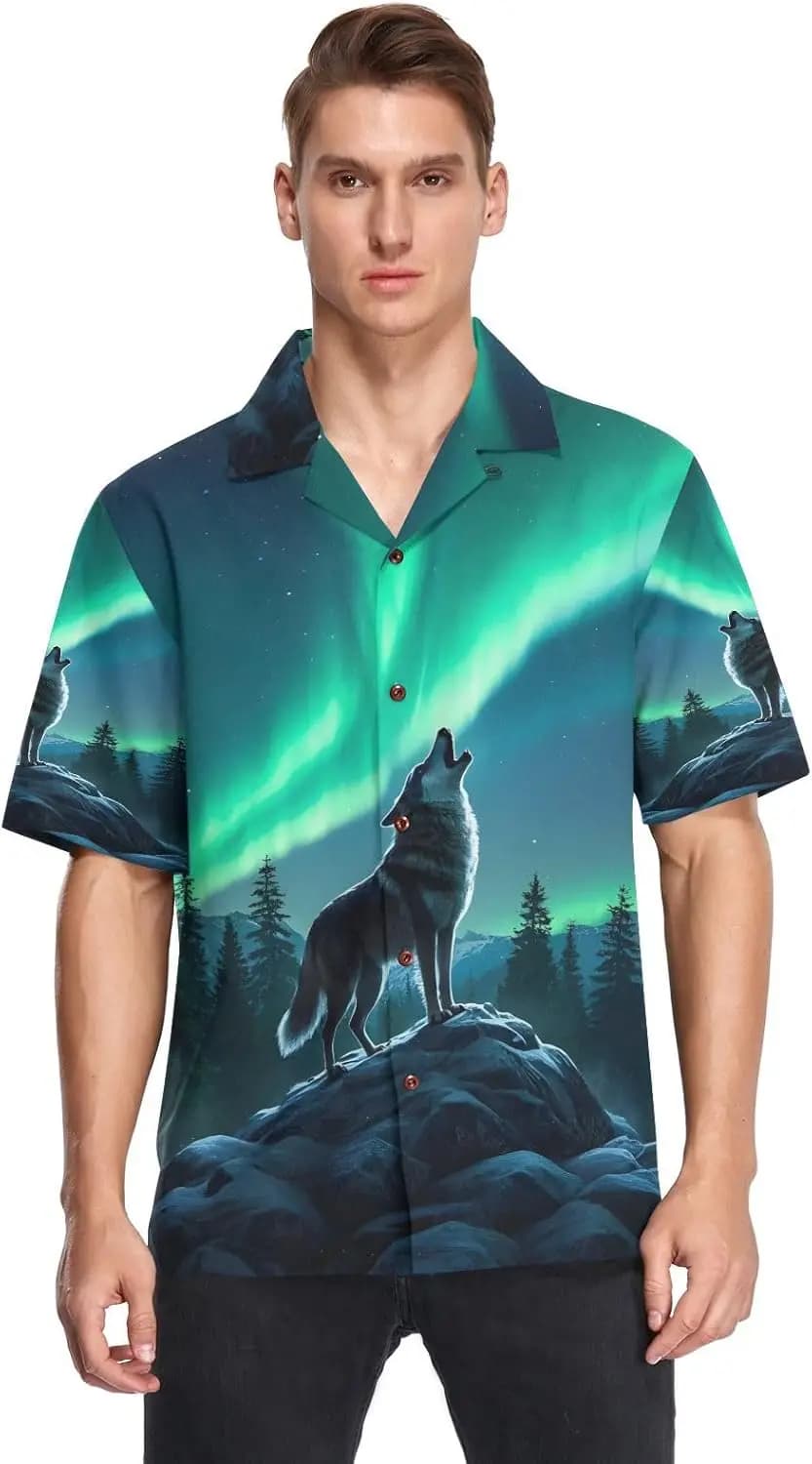 Wolf Howling Aurora Men's Hawaiian Shirt Short Sleeve Button Down Summer Beach Casual Shirt S