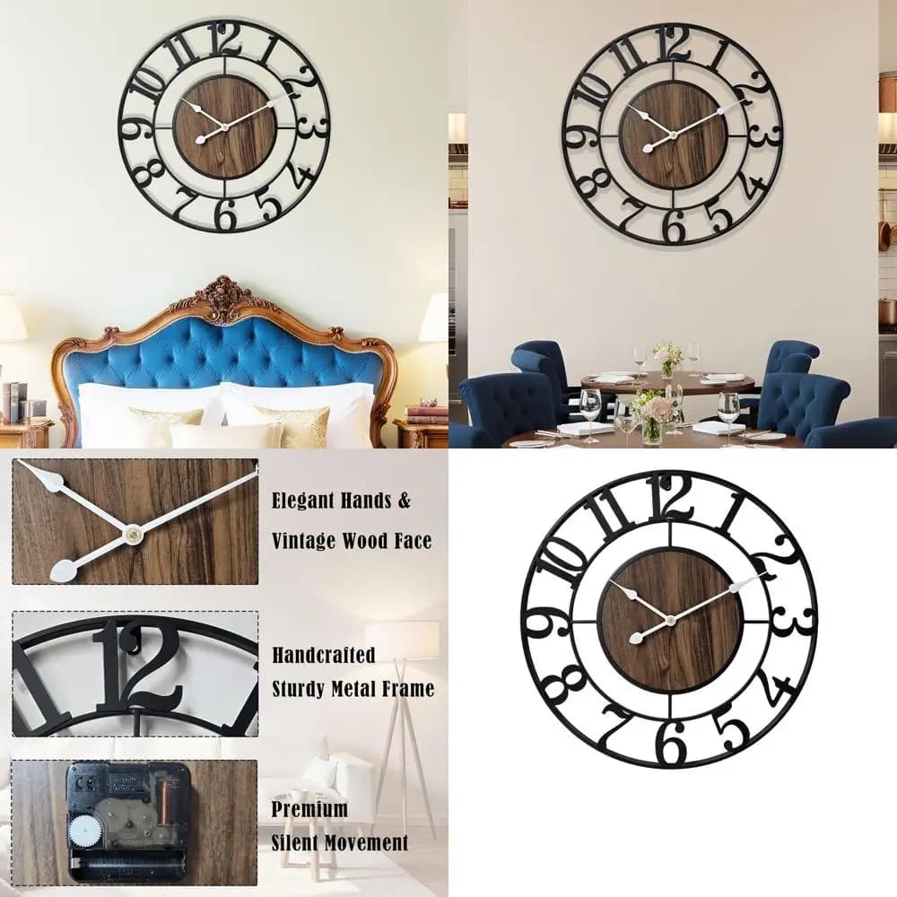 24 Vintage style silent wall clock, large battery powered wooden watch for home and office furniture