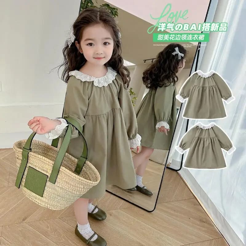 Moda Abbigliamento per bambini Abito da principessa a maniche lunghe per neonate Colletto in pizzo 2025 Primavera Autunno Nuovo elegante alla moda