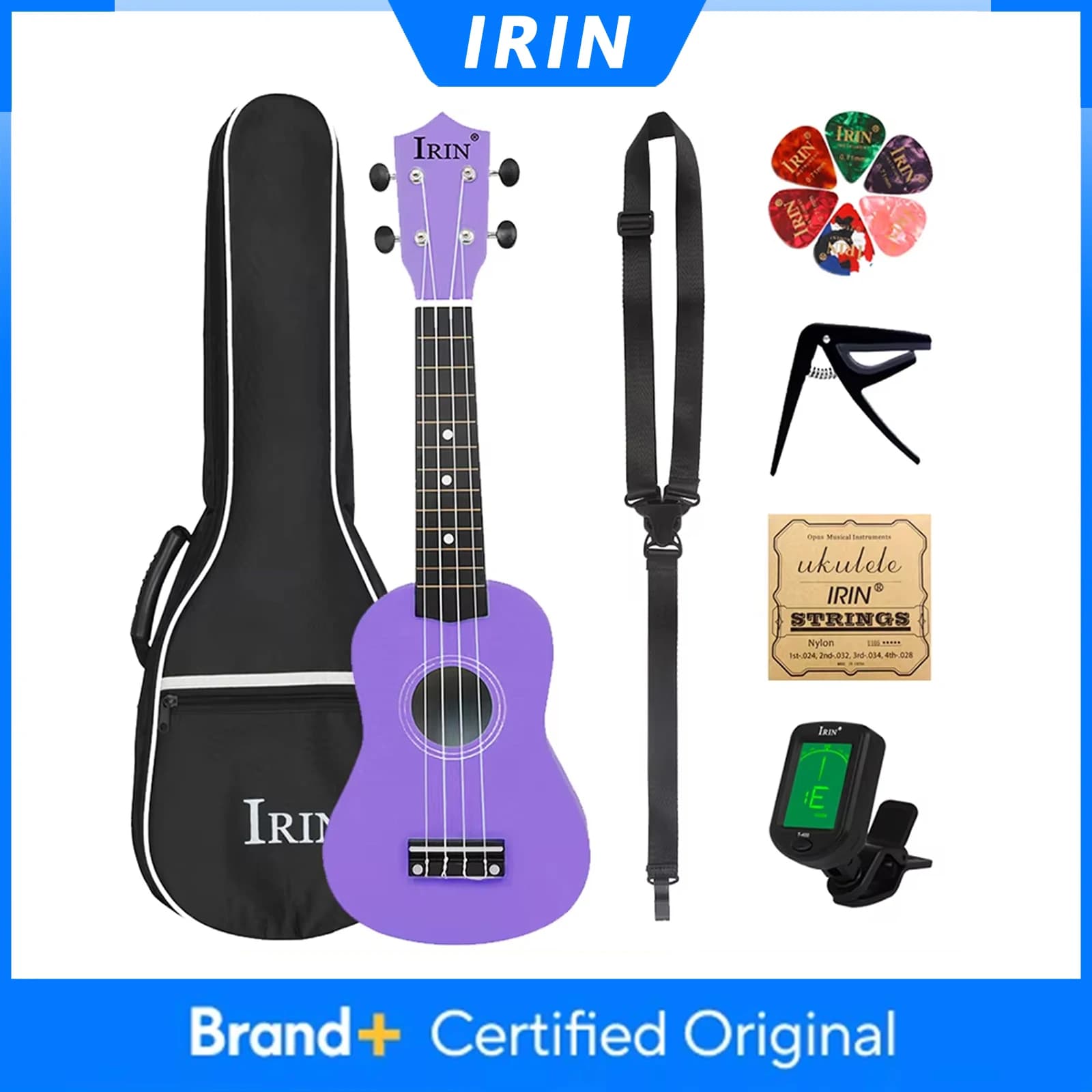 IRIN Ukulele 21 Pollici, Chitarra Hawaiana a 4 Corde, Pannello in Legno di Tiglio, con Borsa, Accordatore, Plettri, Parti e Accessori per Chitarra