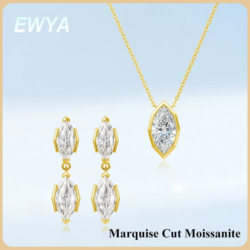 EWYA 3CT Marquise Cut Moissanite Bezel Set Pendant Necklace for Women Man S925 Silver Minimalist Lab Diamond Drop Earrings Set