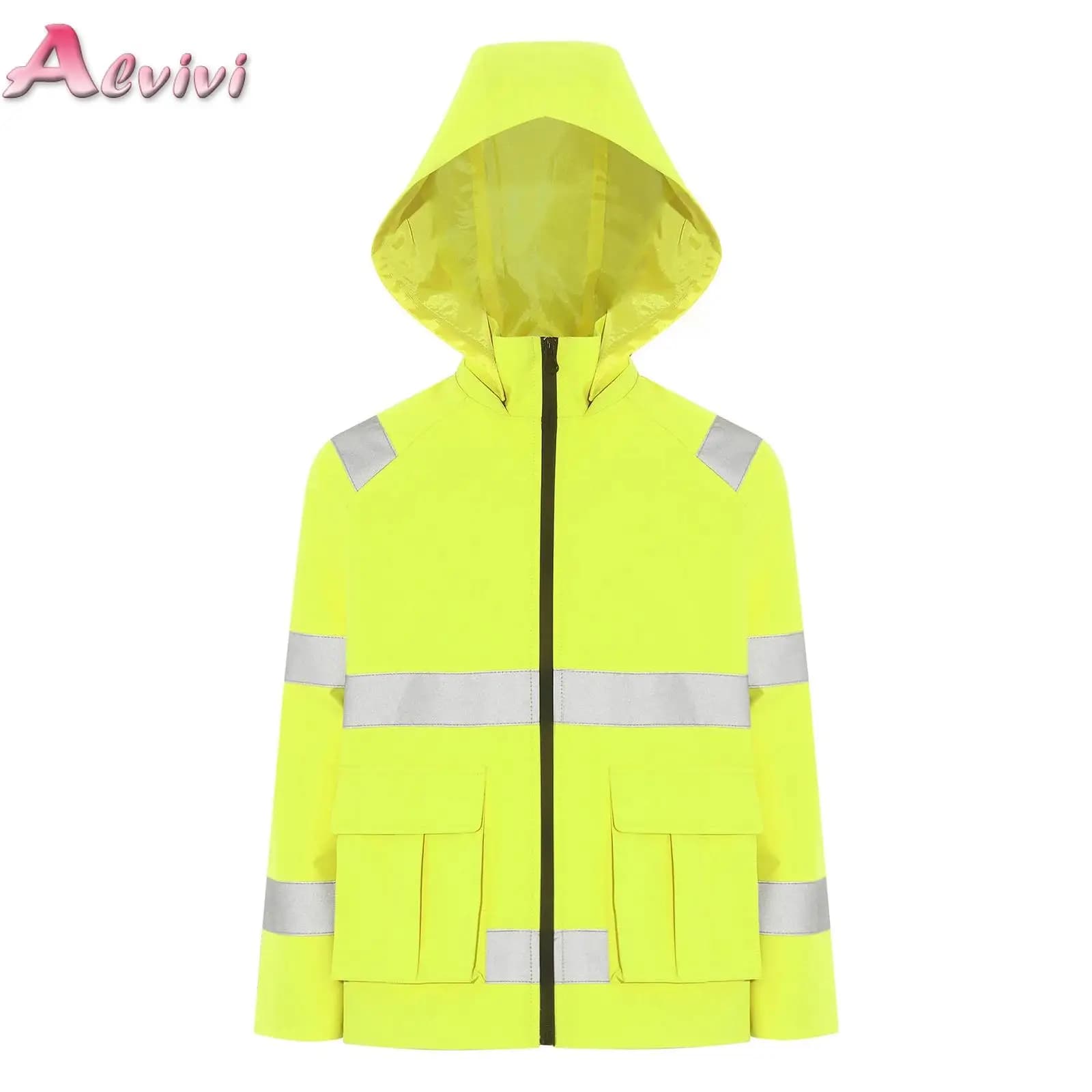 Gilet di sicurezza per bambini, ragazzi e ragazze, a maniche lunghe, con cappuccio staccabile, con cerniera, giacca fluorescente per la circolazione notturna, cappotto per la vita quotidiana
