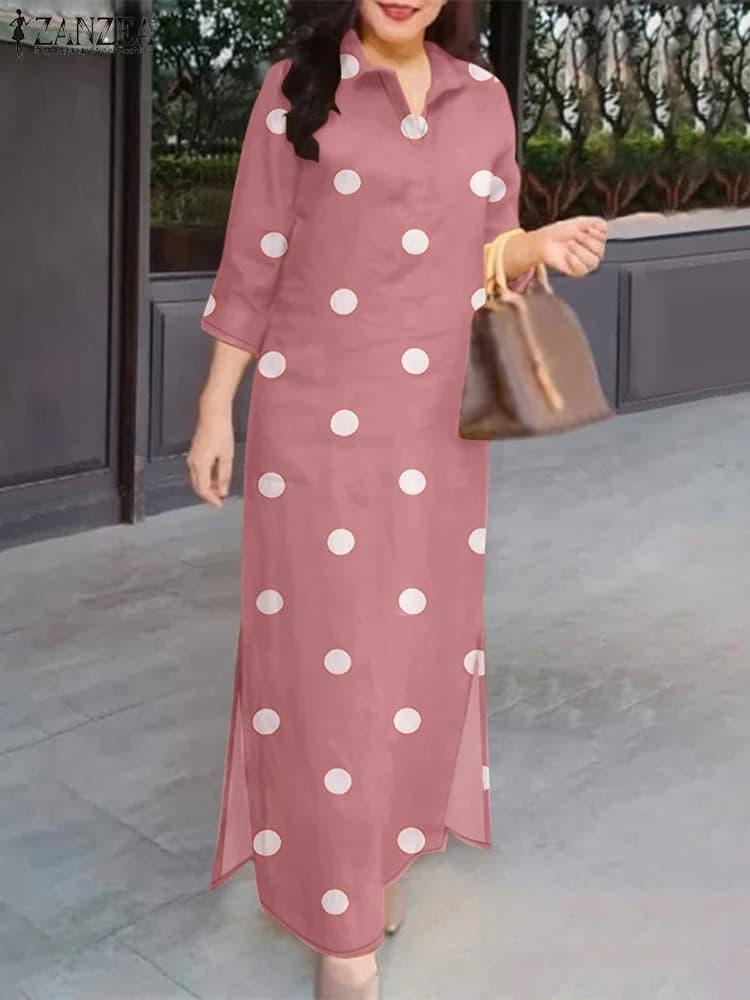 2025 ZANZEA Primavera Polka Dot Abiti stampati Donna Manica 3/4 Vacanza Lavoro Maxi Abiti Robe Femme Elegante Orlo diviso Vestito estivo