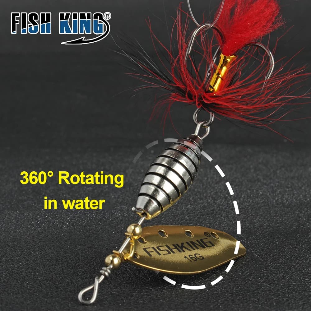 FISH KING Spinner Bait 6g 12g 16g Rotante Spinner Cucchiaio Richiamo Luccio Metallo Con Piuma Treble Ganci per Bass Accessori Per la Pesca